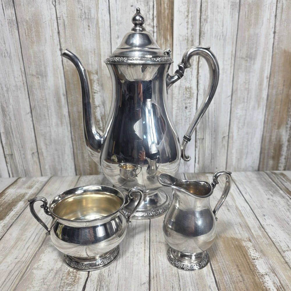 Vintage Silver Plated Coffee Pot Sugar Bowl and Creamer Set Floral Trim 3 Piece - Picture 9 of 16